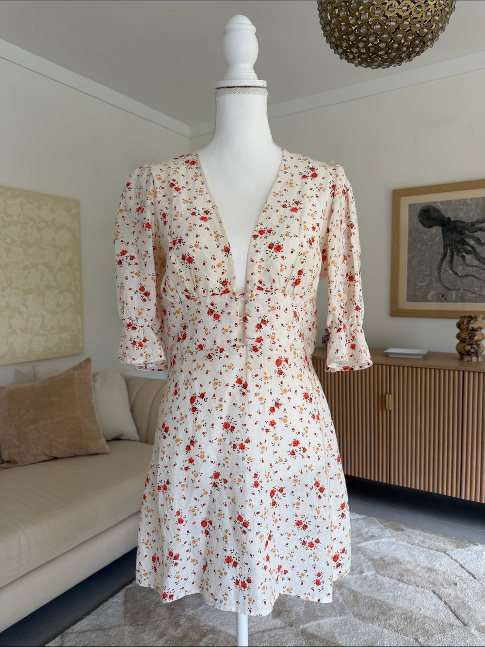 Reformation Cream Mini Dress with Red Floral Print
